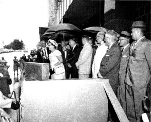 Edna Dugan addressing the crowd gathered for the grand opening of the Degree of Honor Building in August 1961.