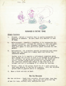 1938 Summer Picnic planning guide provided by the Home Office to Junior Club Directors.