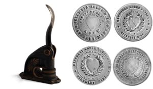 A Degree of Honor embosser (left), with examples of seals from the national office and three subordinate lodges (right).