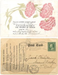 Postcard inviting a guest to join a Degree of Honor dance. These postcards were originally designed by Frances Buell Olson in 1910, as a means of marketing Degree of Honor.